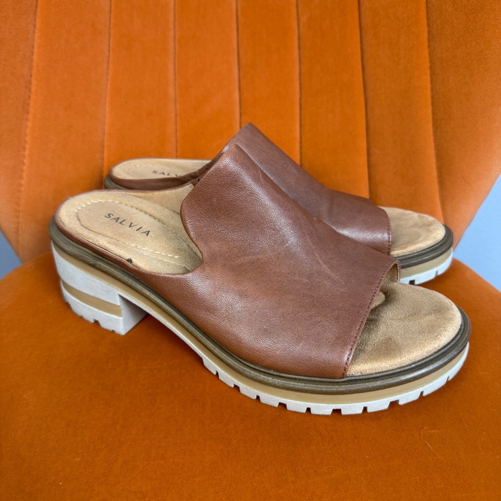 Salvia Brown Leather Slide Mules with Contrasting White Lug Sole
